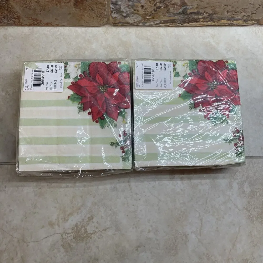 Vintage Christmas Paper Napkins Poinsettia Green Tree Mix Of 3 Small Made in USA - Picture 5 of 8